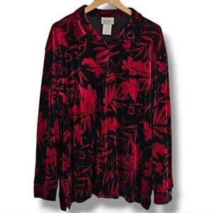 Kathie Lee Velvet Shirt Size XL Black Red Floral Valentine's Day Fairygrunge